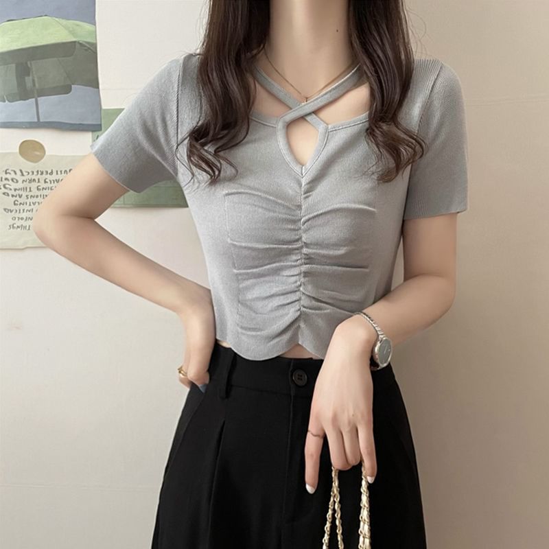 Knit Neck Top Plain Short-Sleeve Ruched Cross Notch Criss