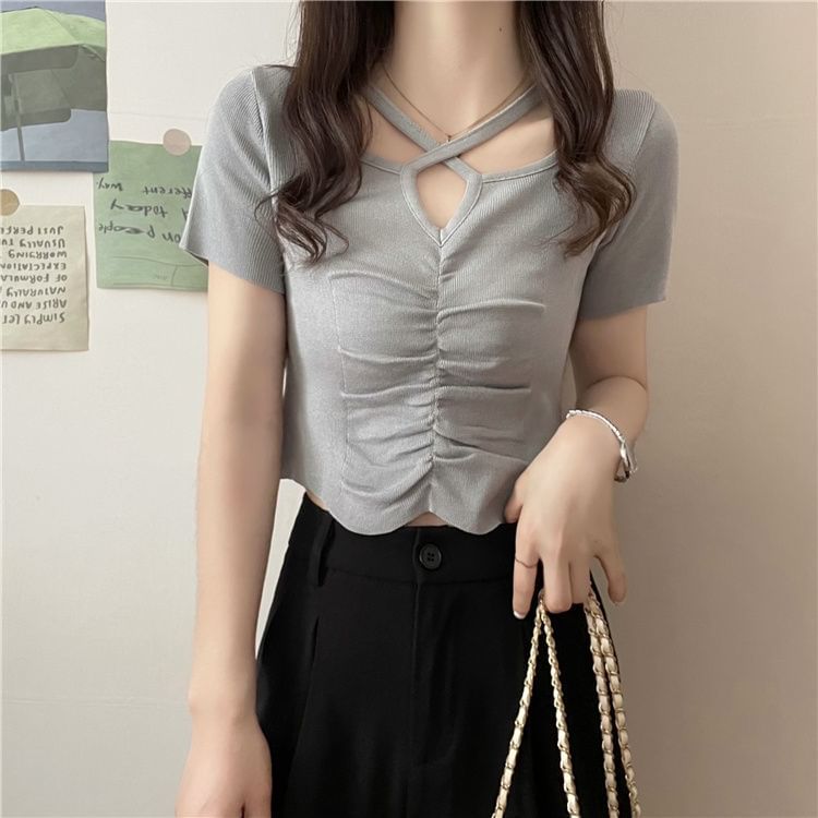 Knit Neck Top Plain Short-Sleeve Ruched Cross Notch Criss