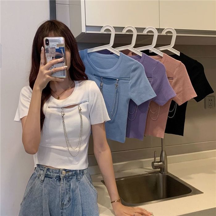 Crew Short-Sleeve Neck Zip T-Shirt Plain Chain