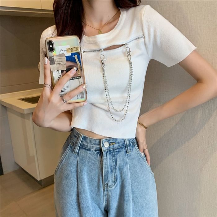 Crew Short-Sleeve Neck Zip T-Shirt Plain Chain