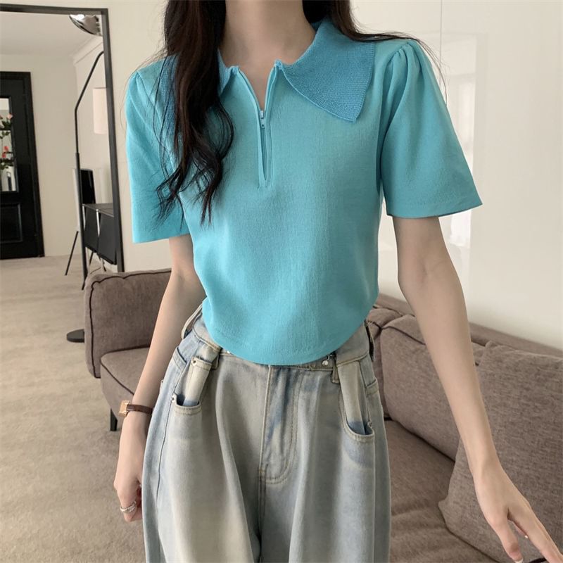 Half Zip Knit Top Collared Short-Sleeve