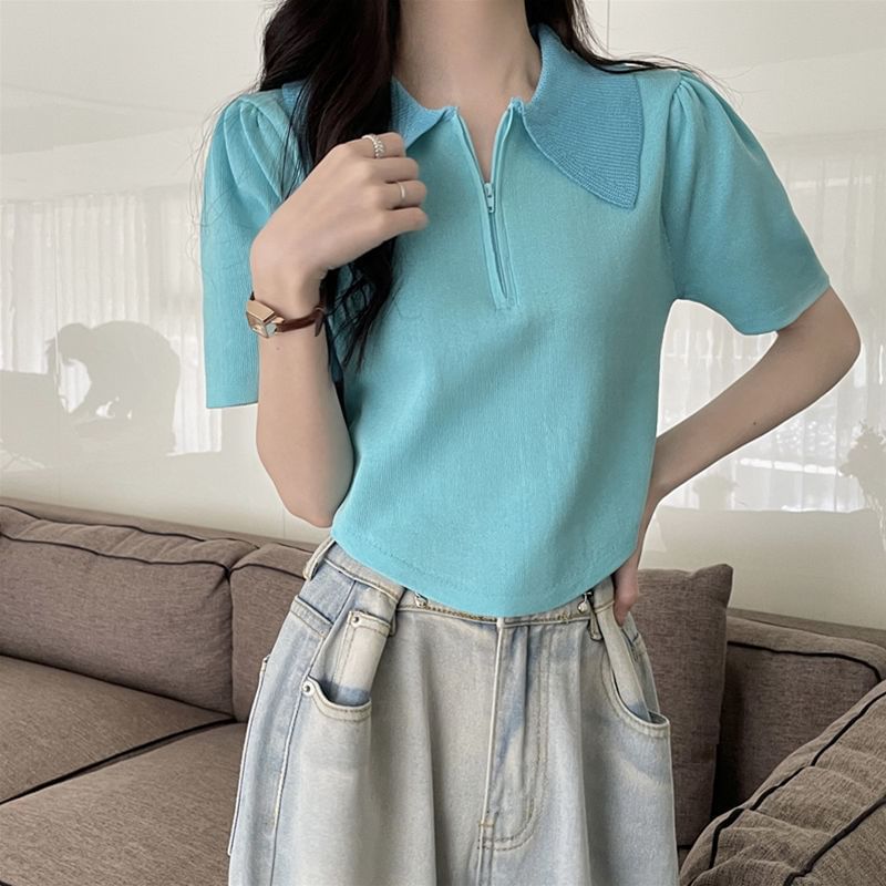 Half Zip Knit Top Collared Short-Sleeve