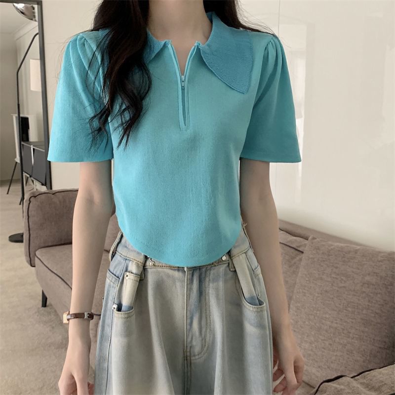 Half Zip Knit Top Collared Short-Sleeve