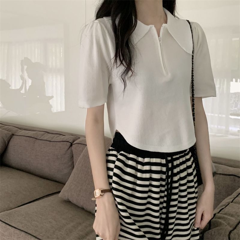 Half Zip Knit Top Collared Short-Sleeve