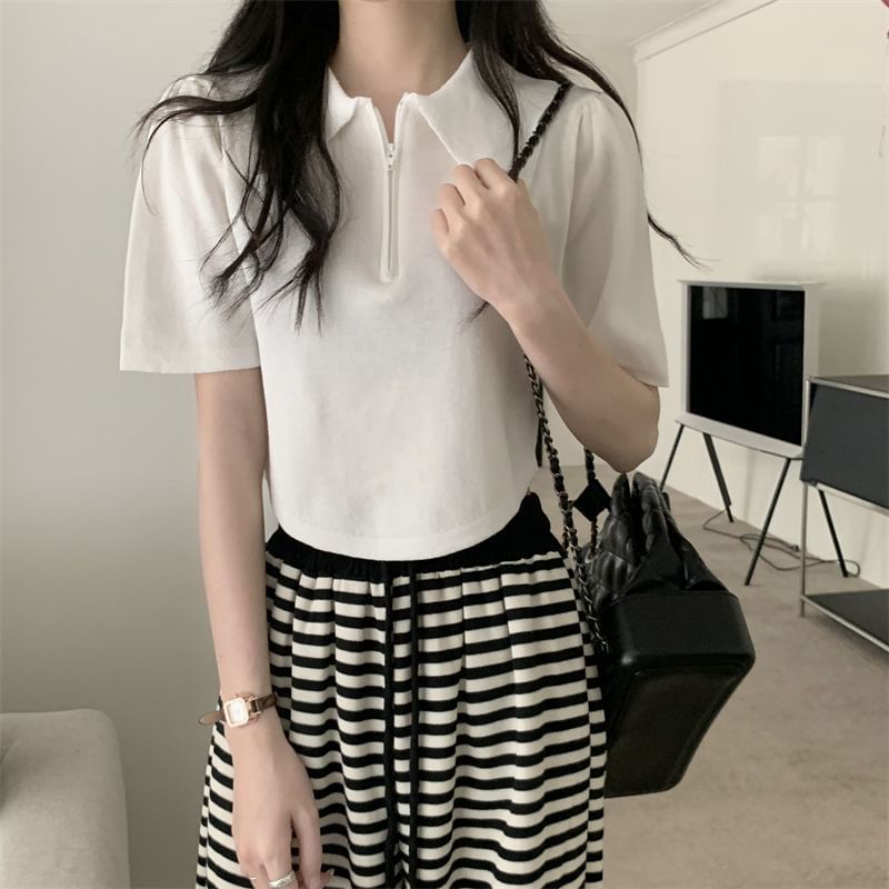 Half Zip Knit Top Collared Short-Sleeve
