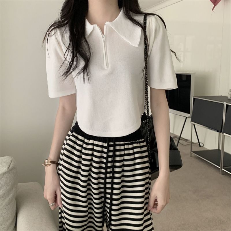 Half Zip Knit Top Collared Short-Sleeve