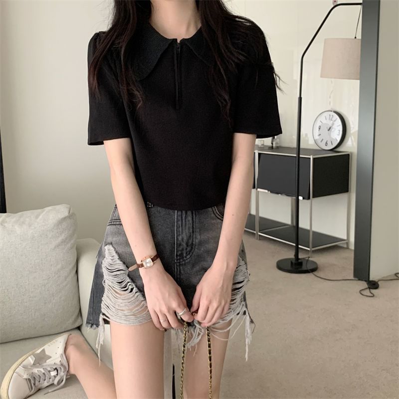 Half Zip Knit Top Collared Short-Sleeve