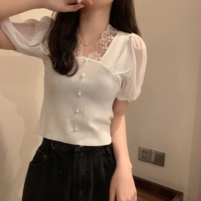 Panel V-Neck Short-Sleeve Embroidered Button Top