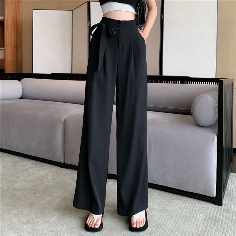 Wide Dress Leg Pants Plain Tie-Up High Waist