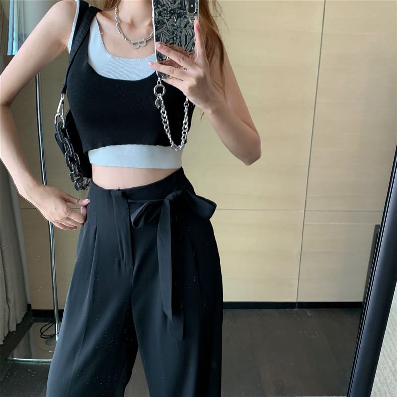 Wide Dress Leg Pants Plain Tie-Up High Waist