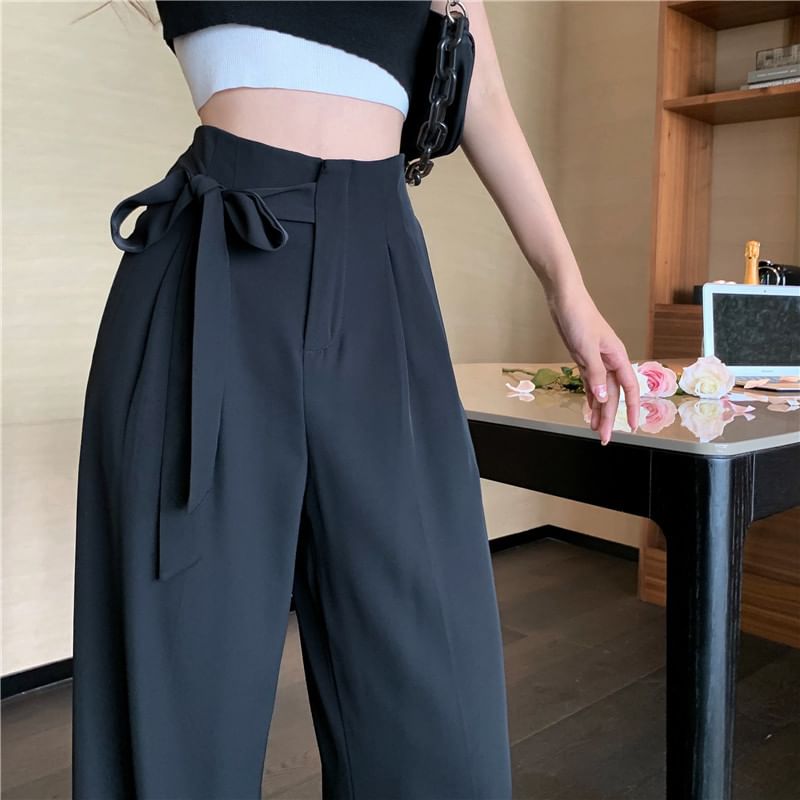 Wide Dress Leg Pants Plain Tie-Up High Waist