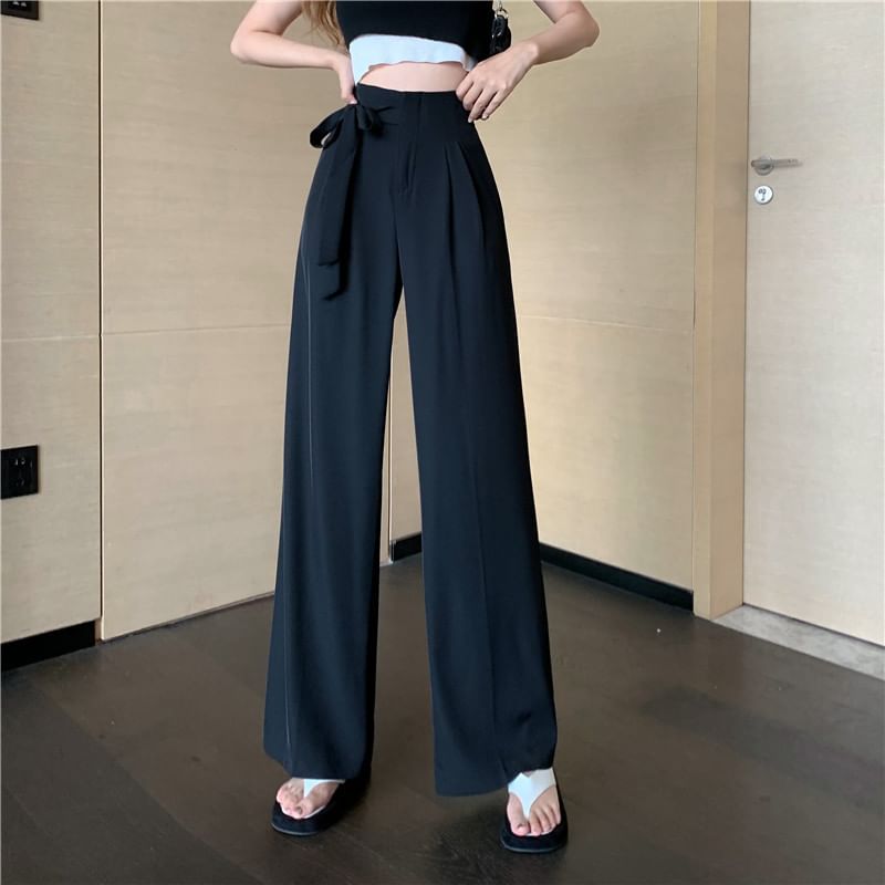 Wide Dress Leg Pants Plain Tie-Up High Waist
