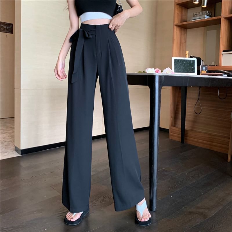 Wide Dress Leg Pants Plain Tie-Up High Waist