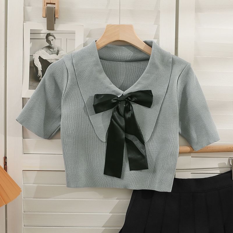 Bow Crop Top Knit Short-Sleeve Collared