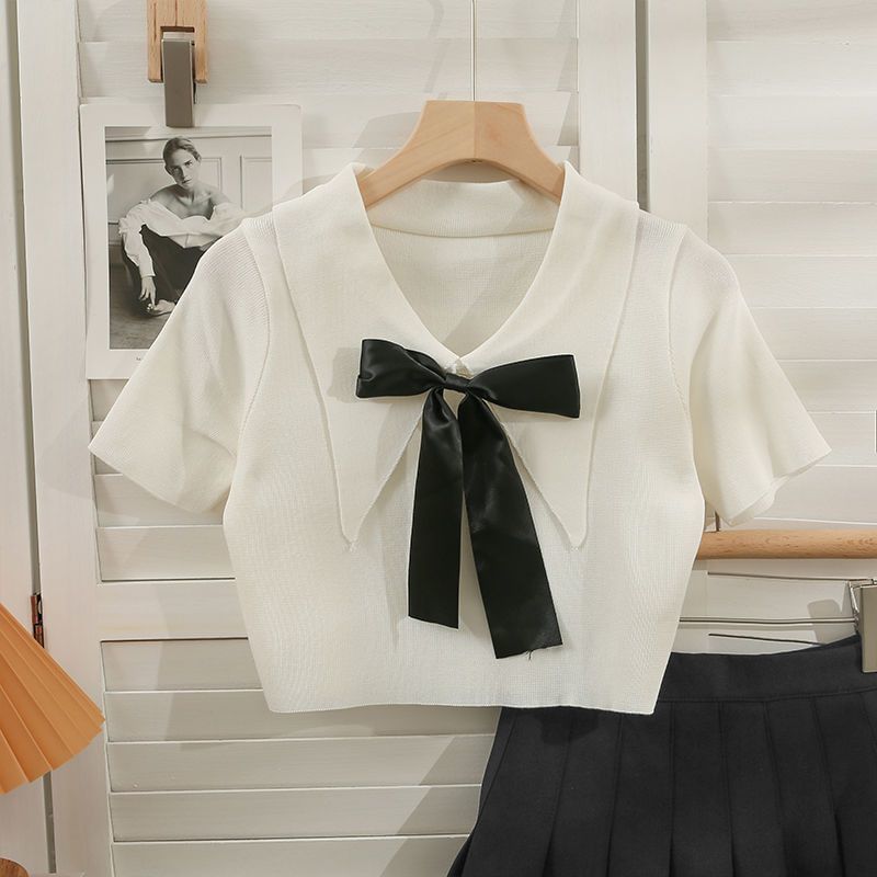 Bow Crop Top Knit Short-Sleeve Collared