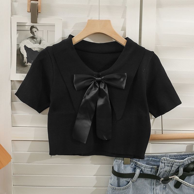 Bow Crop Top Knit Short-Sleeve Collared