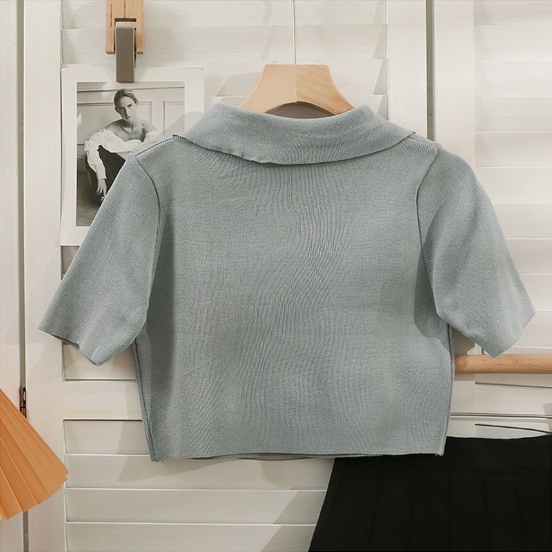 Bow Crop Top Knit Short-Sleeve Collared