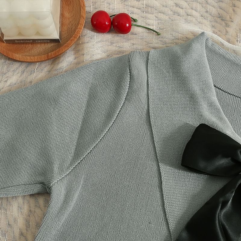 Bow Crop Top Knit Short-Sleeve Collared