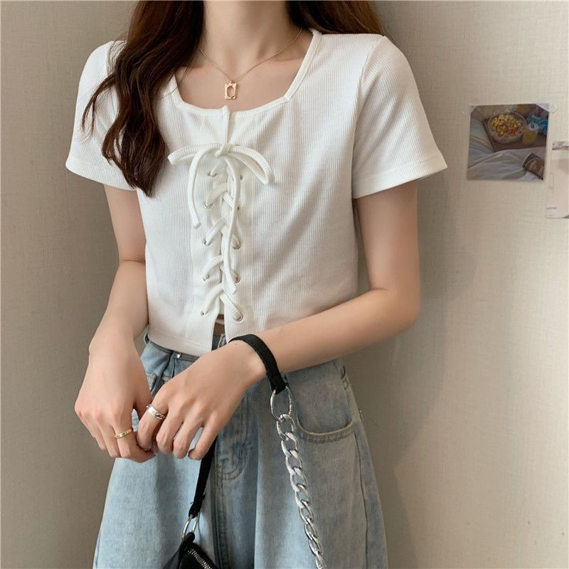 Lace Top Plain Short-Sleeve Neck Square Up
