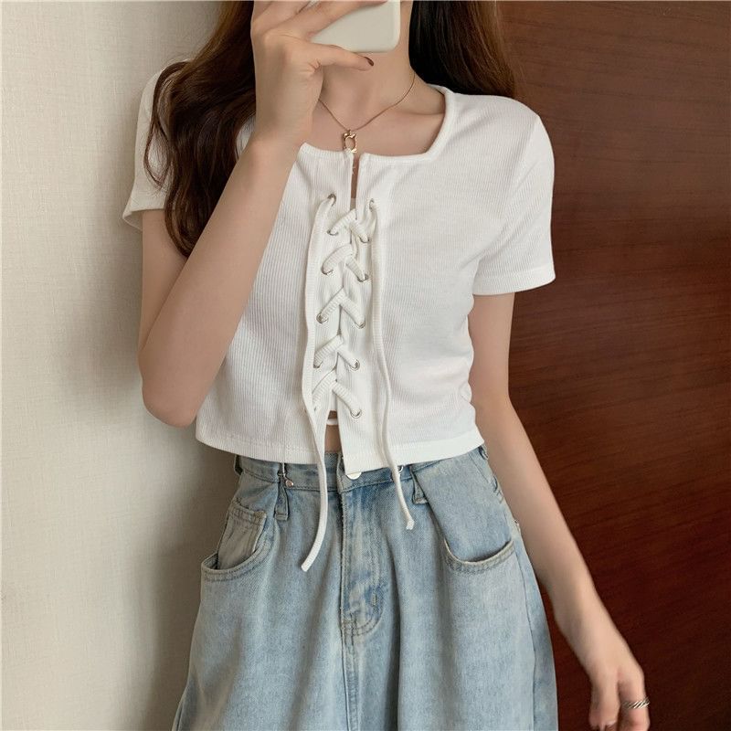 Lace Top Plain Short-Sleeve Neck Square Up