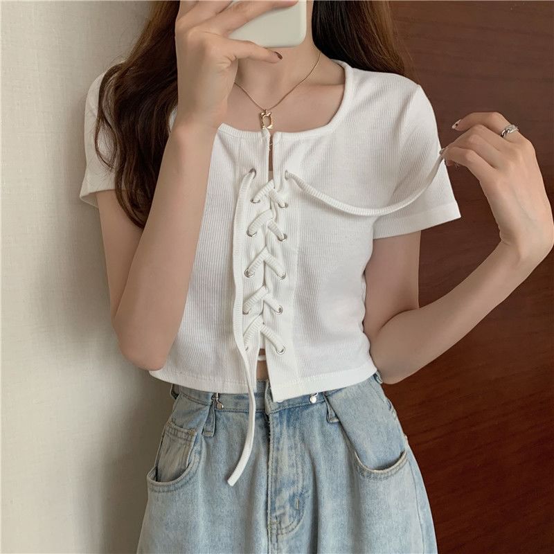 Lace Top Plain Short-Sleeve Neck Square Up