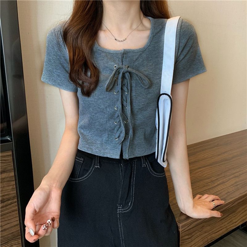 Lace Top Plain Short-Sleeve Neck Square Up