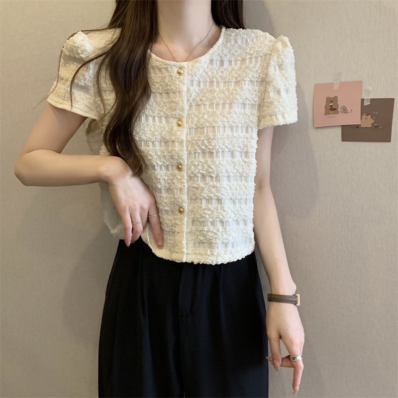 Round Neck Plain Short-Sleeve Top Button Frill