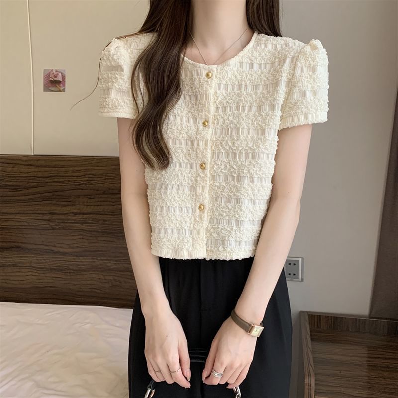 Round Neck Plain Short-Sleeve Top Button Frill