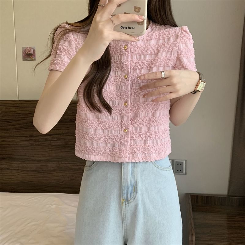 Round Neck Plain Short-Sleeve Top Button Frill