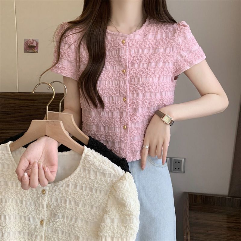 Round Neck Plain Short-Sleeve Top Button Frill