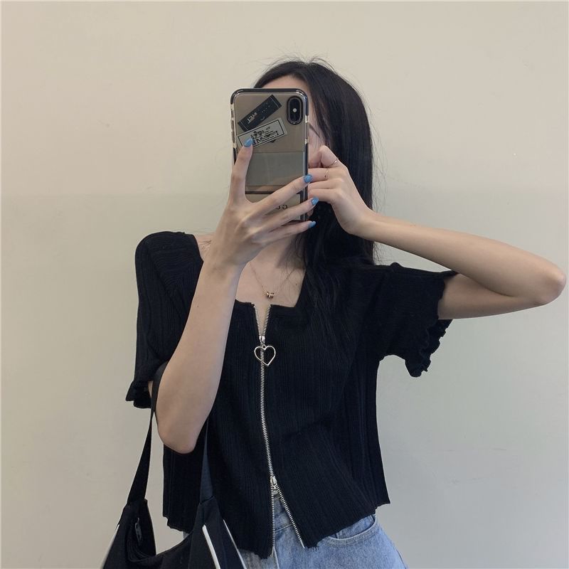 Cardigan Short-Sleeve Ribbed Zip Plain Round Neck