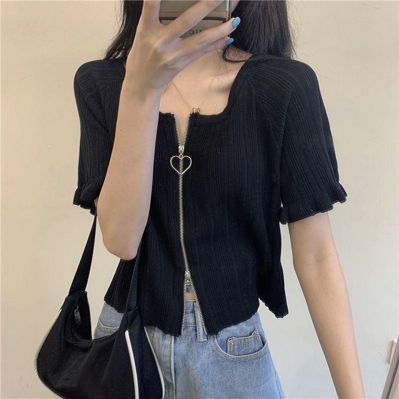 Cardigan Short-Sleeve Ribbed Zip Plain Round Neck