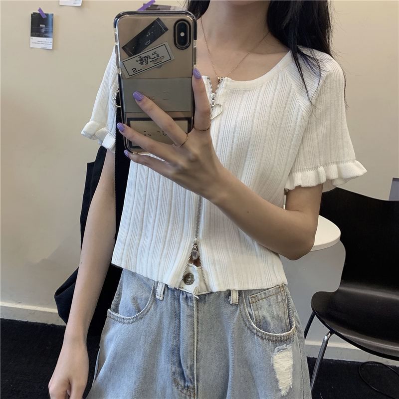 Cardigan Short-Sleeve Ribbed Zip Plain Round Neck