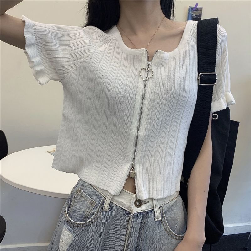 Cardigan Short-Sleeve Ribbed Zip Plain Round Neck