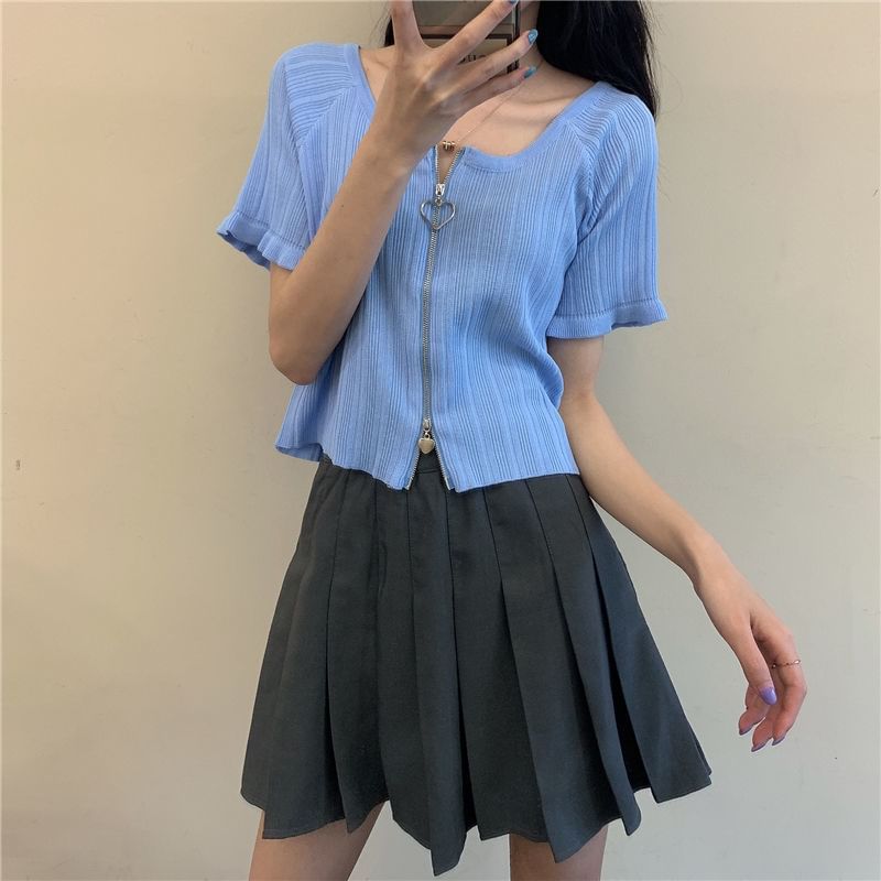 Cardigan Short-Sleeve Ribbed Zip Plain Round Neck