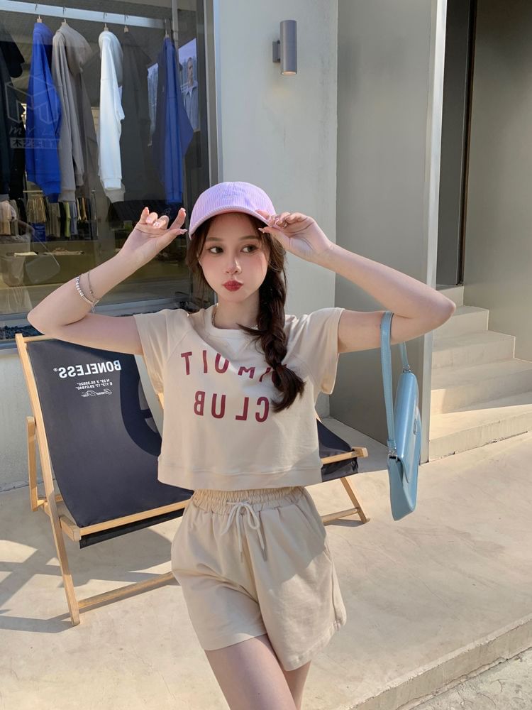 Short-Sleeve Drawstring Neck Set: Lettering Crew Waist Shorts Print + T-Shirt Plain