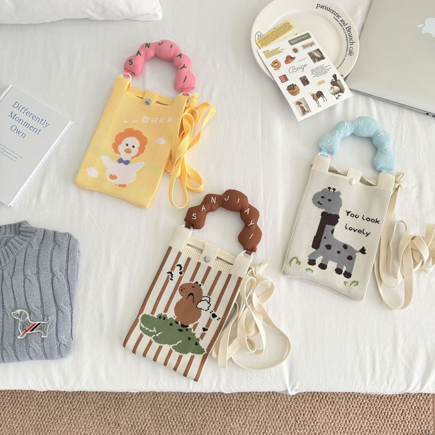 Crossbody Handle Top Knit Cartoon Bag Donut Print