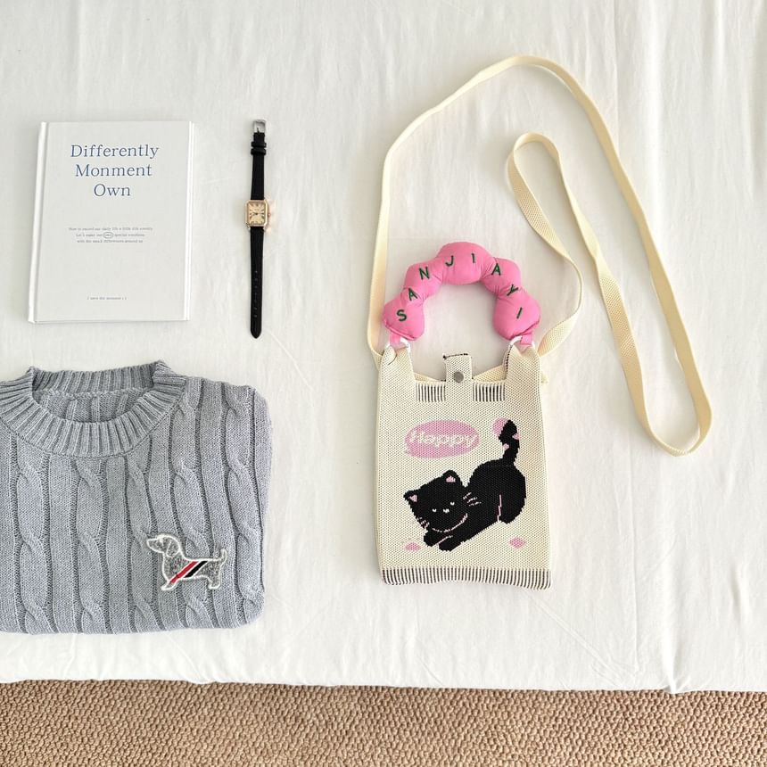 Crossbody Handle Top Knit Cartoon Bag Donut Print