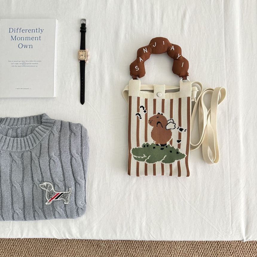 Crossbody Handle Top Knit Cartoon Bag Donut Print