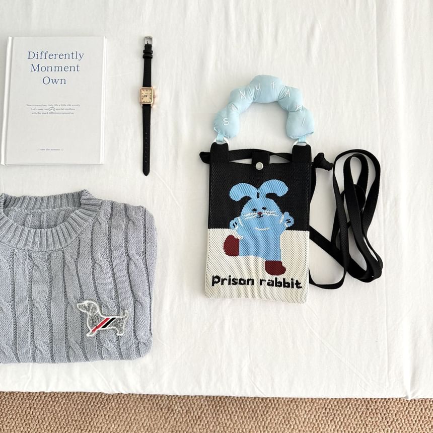 Crossbody Handle Top Knit Cartoon Bag Donut Print