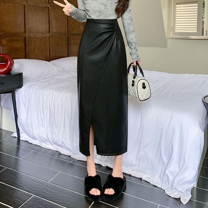 High Waist Plain Faux Leather Slit Midi A-Line Skirt