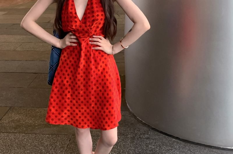 Smock Dress V-Neck Halter Dotted