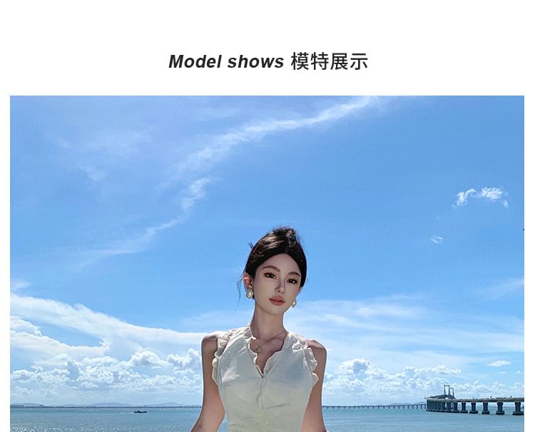 Plain Maxi V-Neck Halter Front-Slit Ruffle Dress A-Line