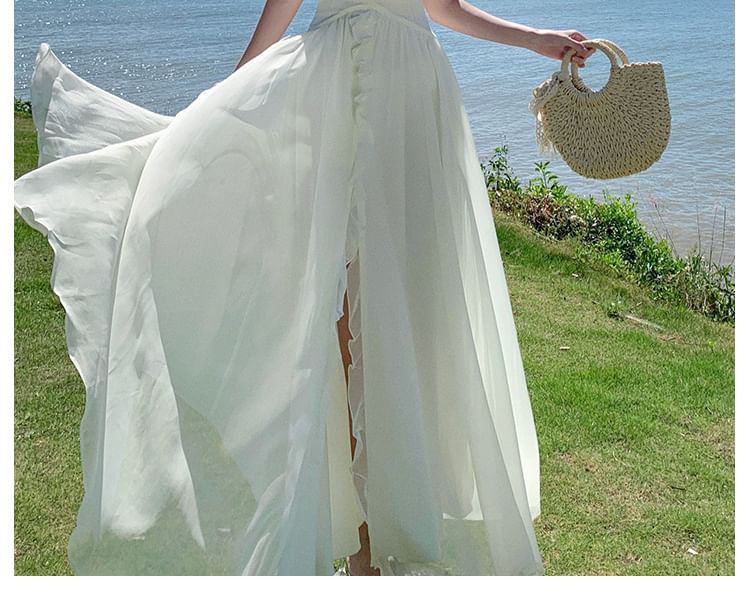 Plain Maxi V-Neck Halter Front-Slit Ruffle Dress A-Line
