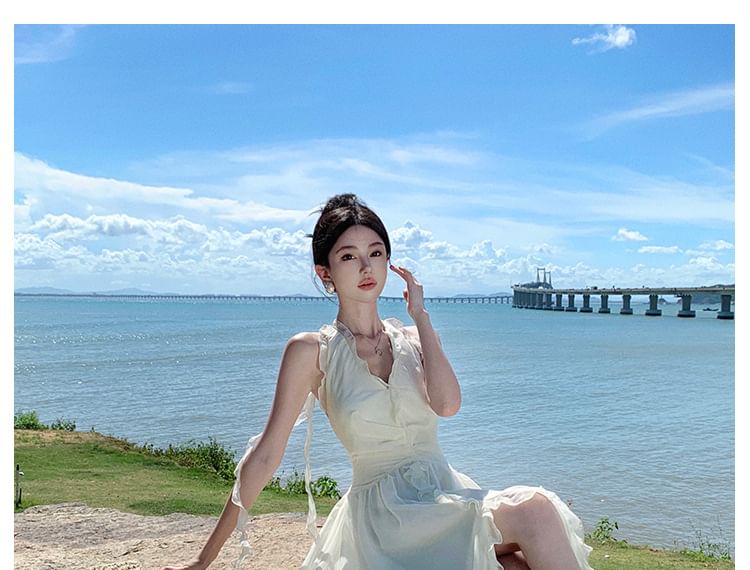 Plain Maxi V-Neck Halter Front-Slit Ruffle Dress A-Line
