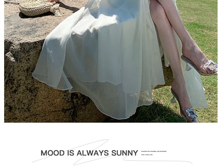 Plain Maxi V-Neck Halter Front-Slit Ruffle Dress A-Line