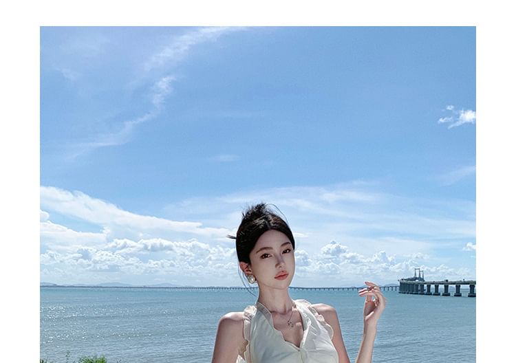 Plain Maxi V-Neck Halter Front-Slit Ruffle Dress A-Line