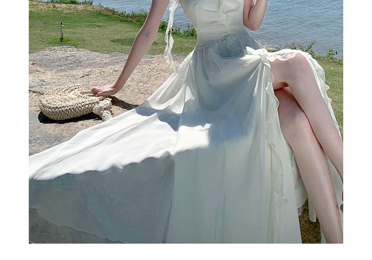 Plain Maxi V-Neck Halter Front-Slit Ruffle Dress A-Line