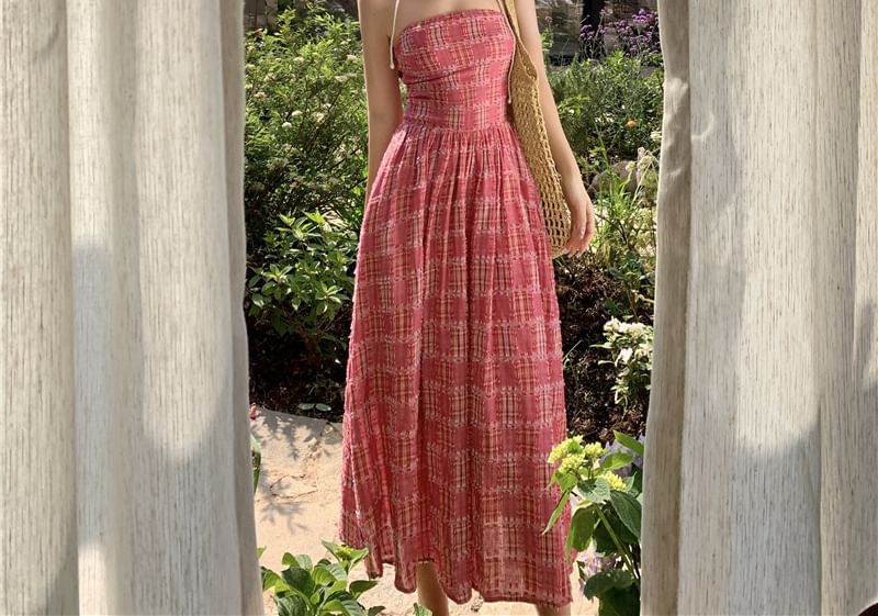 Dress Strapless Maxi A-Line Plaid