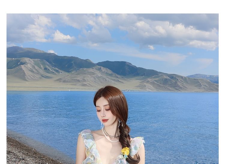 Cutout Sleeveless V-Neck Floral Sundress Ruffle Maxi